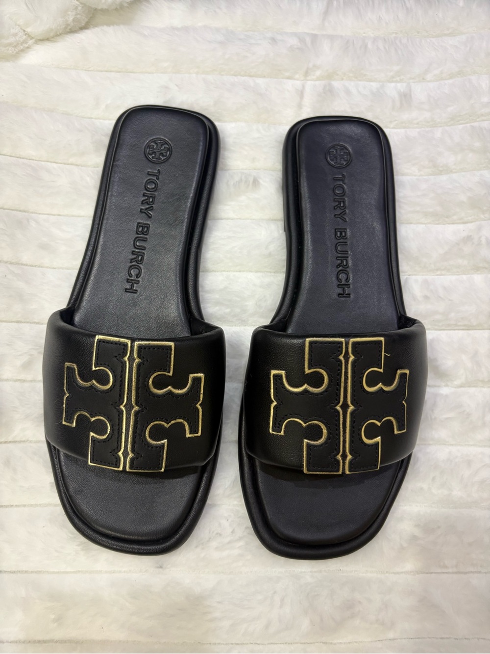 Tory Burch Black Leather Slide Sandals with Gold Logo Trim
